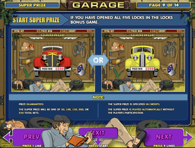 Pantalla Super Prize de Garage tragamonedas con autos rojo y amarillo